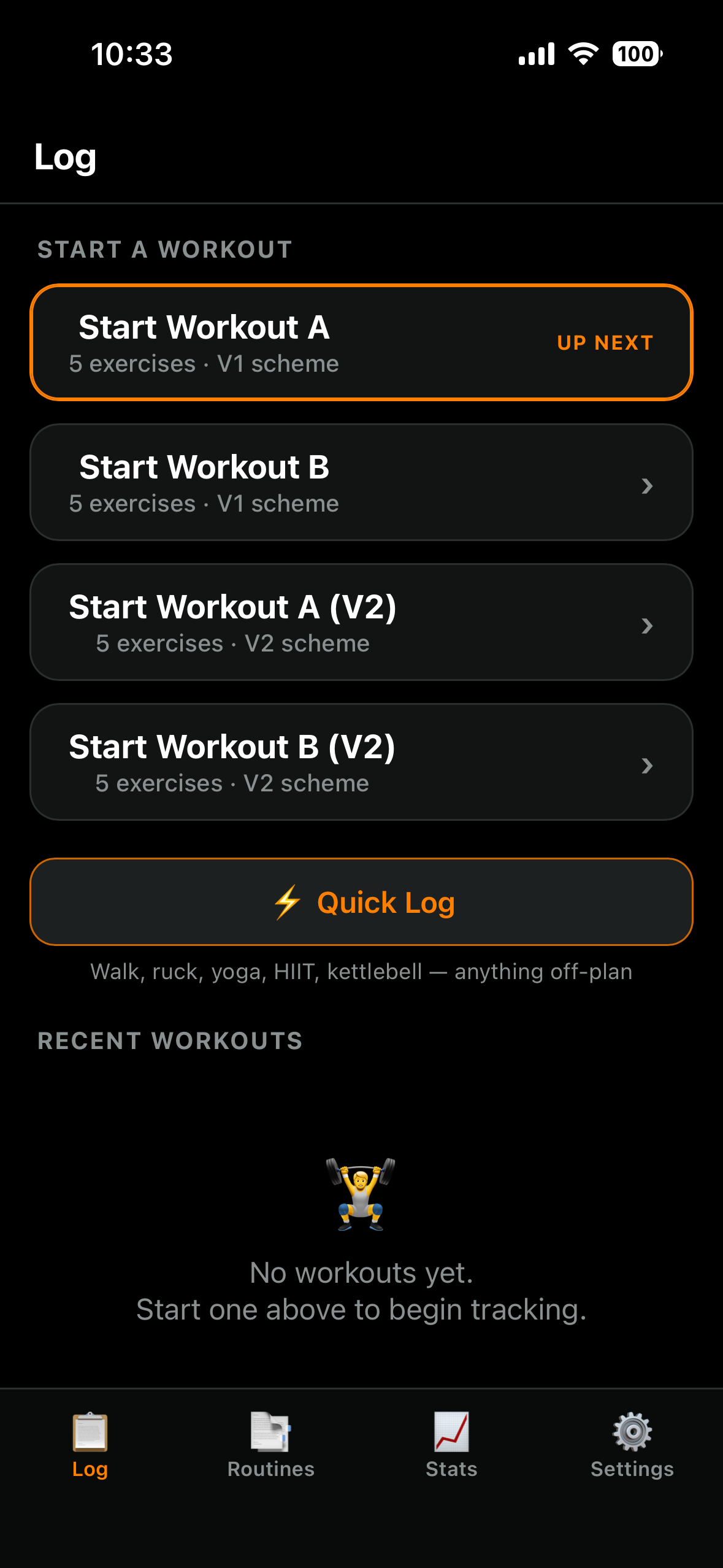 Workout log screen